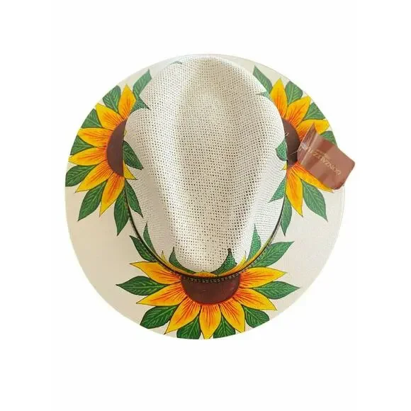 MEXICAN Artisanal Hat Handpainted Fedora Floral Sunflower Sombrero Panama Boho M - Picture 8 of 9